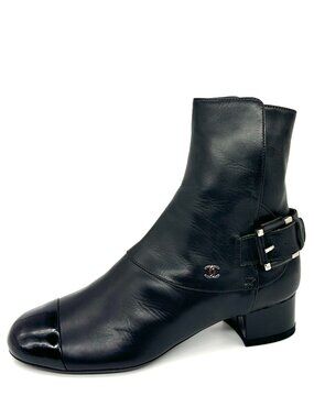 CHANEL 13B Black Leather Patent Cape Toe Buckled Ankle Bootie Boots Shoes